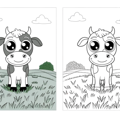 Coloring page of a friendly cow standing in a green pasture with grass and flowers