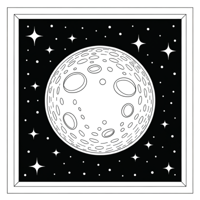 Coloring page showing a full moon glowing brightly in a starry night sky