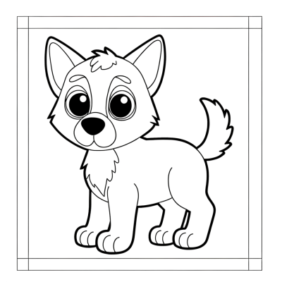 Coloring page outline of a German Shepherd puppy standing alert with perked ears and attentive expression