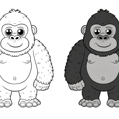 Coloring page illustration of a silverback gorilla standing upright in a majestic pose