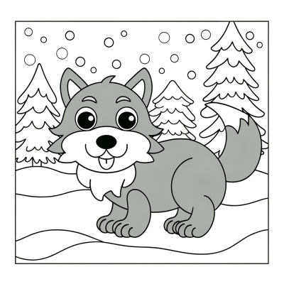 Grey wolf coloring page showing wolf in snowy forest with trees