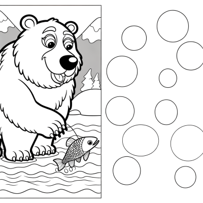Coloring page illustration of a grizzly bear standing in a stream catching a fish with its paws