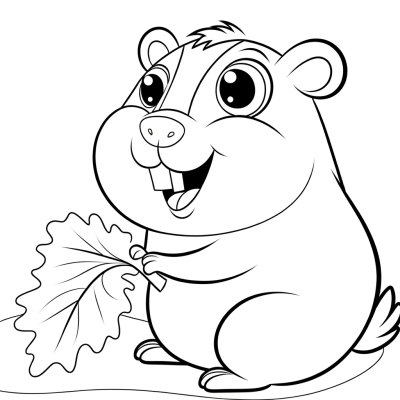 Coloring page of a cute guinea pig eating a piece of lettuce