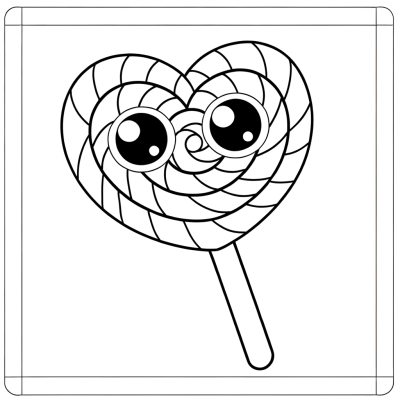 Heart-shaped lollipop coloring page with decorative swirl patterns