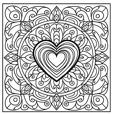 Heart mandala coloring page with decorative love swirls and intricate patterns