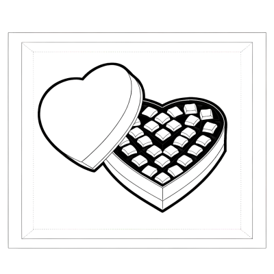 Heart shaped box of chocolates coloring page, open with assorted chocolates.