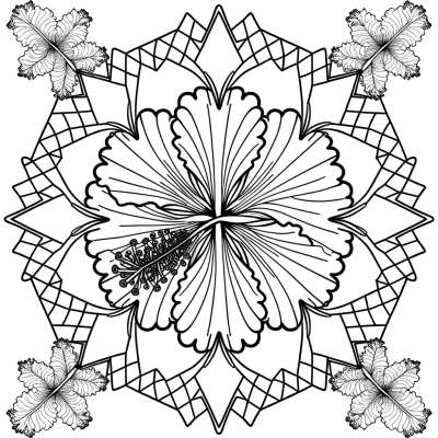Hibiscus mandala coloring page featuring tropical flower patterns in symmetrical design