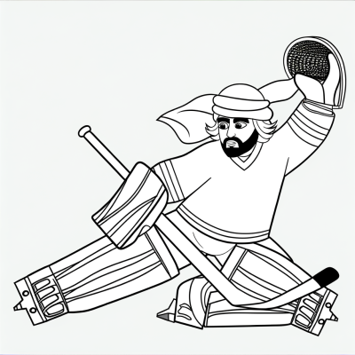 Coloring page of a hockey goalie in protective gear making a save at the goal net