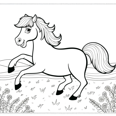 Coloring page of a horse galloping freely in a meadow with grass and flowers