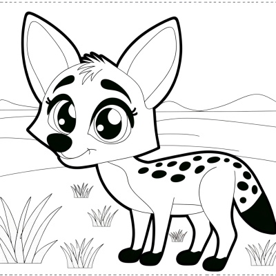 Coloring page of a jackal standing on African plains with savanna landscape