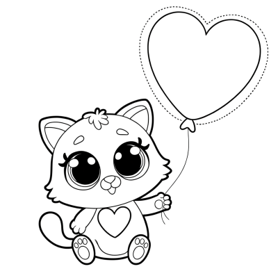 Cute kitten holding heart-shaped balloon coloring page for kids
