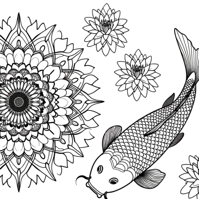 Koi fish mandala coloring page with water lilies in circular pattern