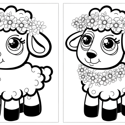 Coloring page of a cute lamb wearing a decorative flower wreath collar around its neck