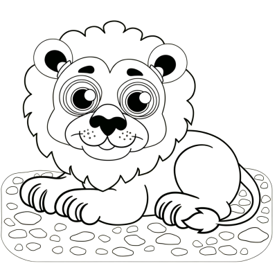 Coloring page illustration of a lion pride with adult lions and cubs resting under shady trees in the African savanna