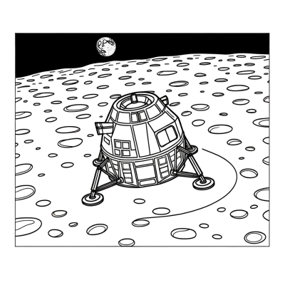 Coloring page showing a lunar landing module spacecraft on the moon surface with craters and rocks