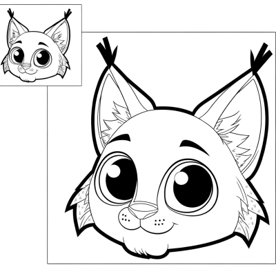 Black and white line drawing of a lynx with tufted ears for coloring