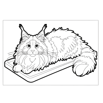 Maine Coon cat coloring page showing a long-haired cat lying down with detailed fur patterns