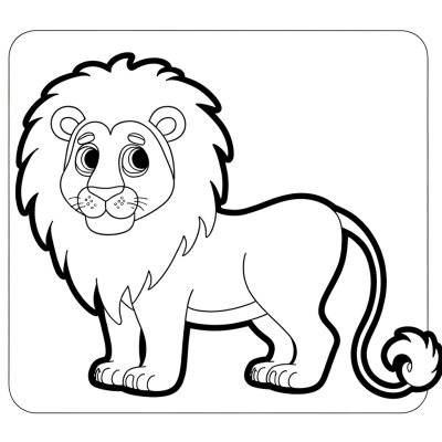 Coloring page of a majestic lion standing proudly with full flowing mane