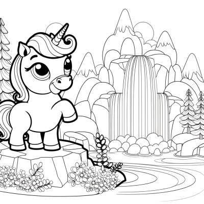 Coloring page of a majestic unicorn standing next to a waterfall with flowing water and natural scenery