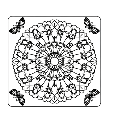 Mandala coloring page with butterfly wing patterns and intricate geometric designs