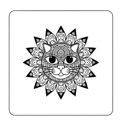 Detailed mandala coloring page featuring a cat face with intricate symmetrical patterns