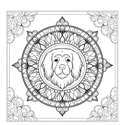 Printable coloring page showing a dog portrait centered in an ornate mandala frame with decorative patterns
