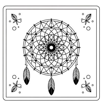 Dreamcatcher mandala coloring page with intricate circular patterns, feathers, and geometric designs