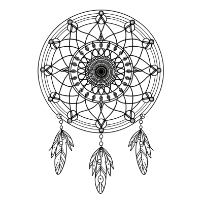 Dreamcatcher mandala coloring page with intricate geometric patterns, feathers, and circular designs