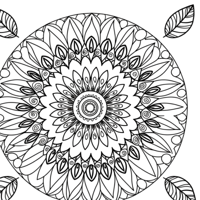 Mandala coloring page with feather patterns radiating outward from center in circular design