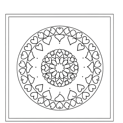 Heart mandala coloring page with circular pattern of heart shapes