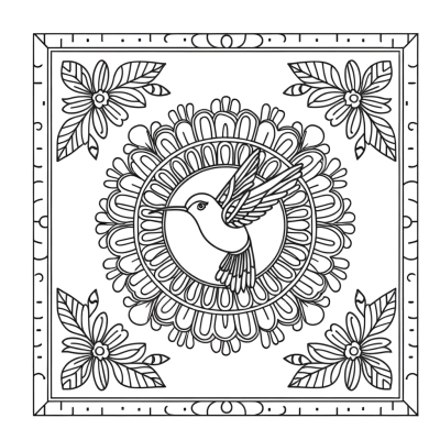Mandala coloring page featuring a hummingbird surrounded by flowers in an intricate circular pattern
