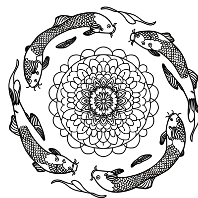 Mandala coloring page with koi fish arranged in circular swimming pattern