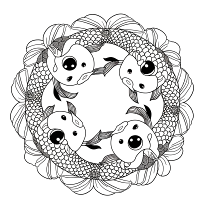Mandala coloring page with koi fish swimming in circular pattern