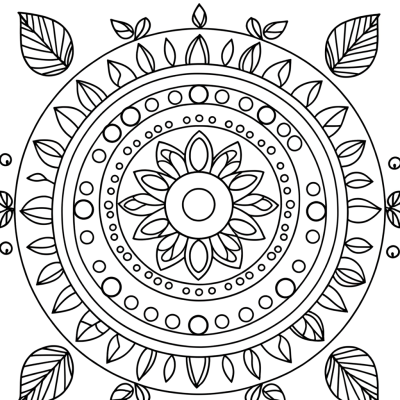 Circular mandala coloring page with detailed leaves and vines pattern