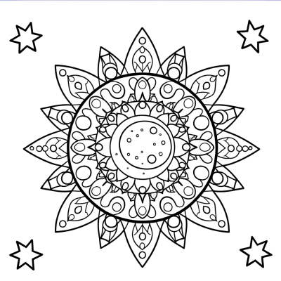 Printable mandala coloring page featuring moon and stars celestial design with intricate geometric patterns