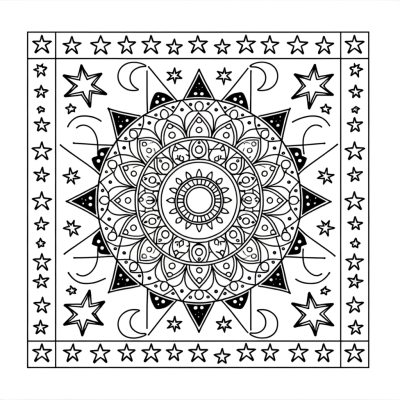 Moon and stars mandala coloring page with intricate geometric patterns and celestial design elements
