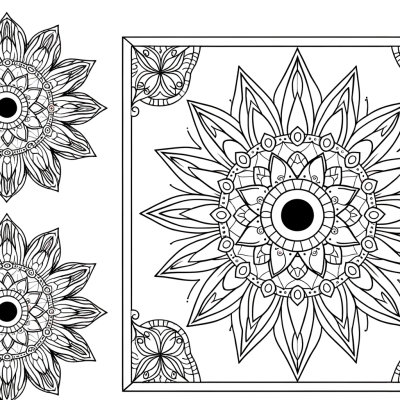 Mandala coloring page with owl eyes in the center surrounded by geometric patterns