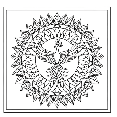 Phoenix bird mandala coloring page with intricate geometric patterns and detailed phoenix at center
