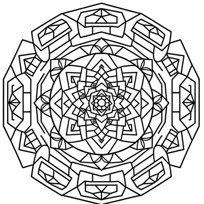 Sacred geometry mandala coloring page with intricate geometric symbols and patterns