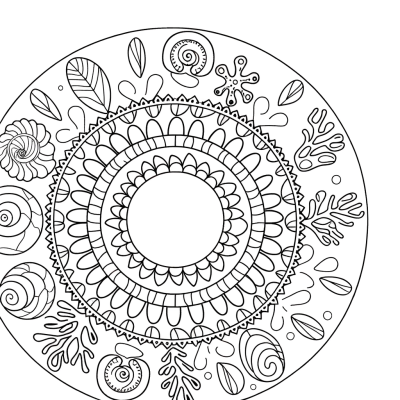 Mandala coloring page with seashell and coral motifs in circular pattern