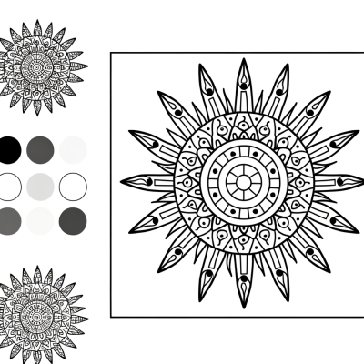 Mandala coloring page with sun rays radiating outward from center in symmetrical pattern