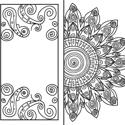 Mandala coloring page with swirling paisley patterns and intricate decorative elements