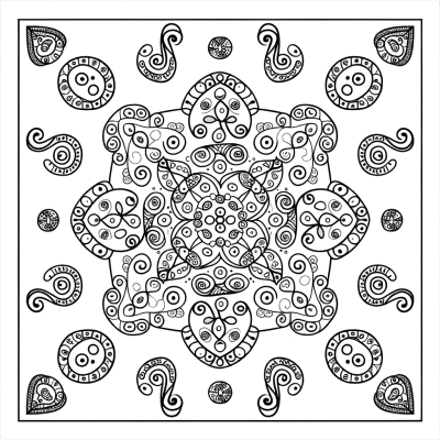 Intricate mandala coloring page with swirling paisley patterns and circular symmetrical design
