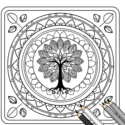 Tree of Life mandala coloring page with intricate geometric patterns and sacred tree symbol at center