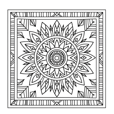 Tribal mandala coloring page with intricate geometric patterns and cultural motifs
