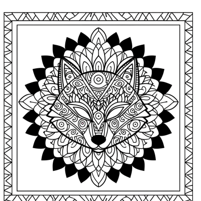 Tribal style mandala coloring page featuring wolf head with intricate geometric patterns and tribal designs