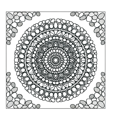 Zen garden stone pattern mandala coloring page with intricate geometric stone arrangements