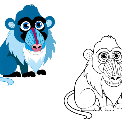 Mandrill monkey coloring page with bright blue face and distinctive primate features