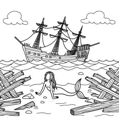 Coloring page showing a mermaid swimming around a sunken ship wreckage with treasure chests and sea plants