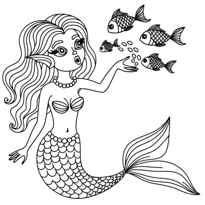 Coloring page of a mermaid with long flowing hair feeding fish from her hand in an underwater scene